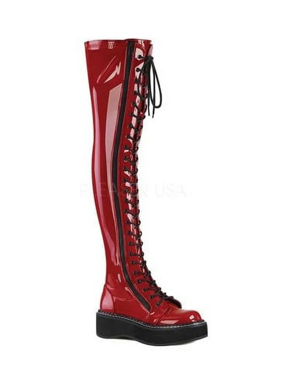 Demonia Red Patent Over-The-Knee Lace-Up Platform Boots